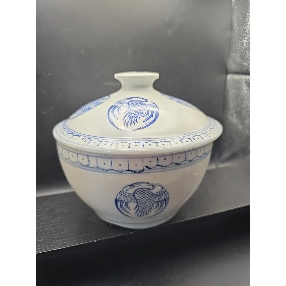 Blue and White Lidded Soup Tureen Or Rice Bowl with Phoenix Crane Design